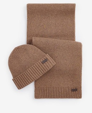 Barbour Carlton Fleck Beanie & Scarf Gift Set Beige | BABO89112