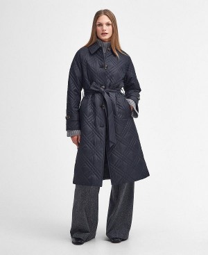 Barbour Mariah Quilted Trench Coat Black/Muted Cabernet Tartan | BABO89343