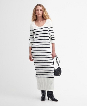 Barbour Raya Striped Midi Dress Ecru | BABO89645