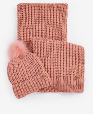 Barbour Saltburn Beanie & Scarf Gift Set Pink Rust | BABO90036