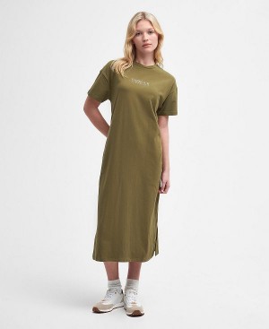 Barbour Sofia Midi Dress Golden Khaki | BABO89628