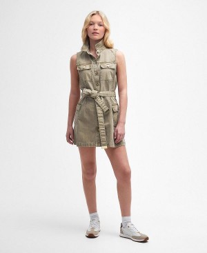 Barbour Tamsin Denim Mini Dress Washed Khaki | BABO89623