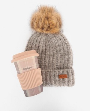 Barbour Travel Mug And Beanie Set Pink/Grey | BABO90052