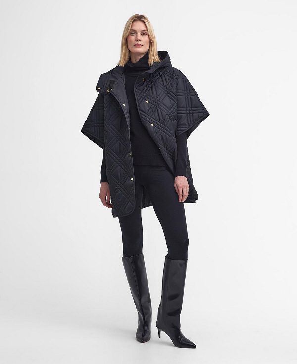 Barbour Astor Quilted Cape Black/Muted Cabernet Tartan | BABO89363