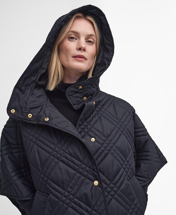 Barbour Astor Quilted Cape Black/Muted Cabernet Tartan | BABO89363