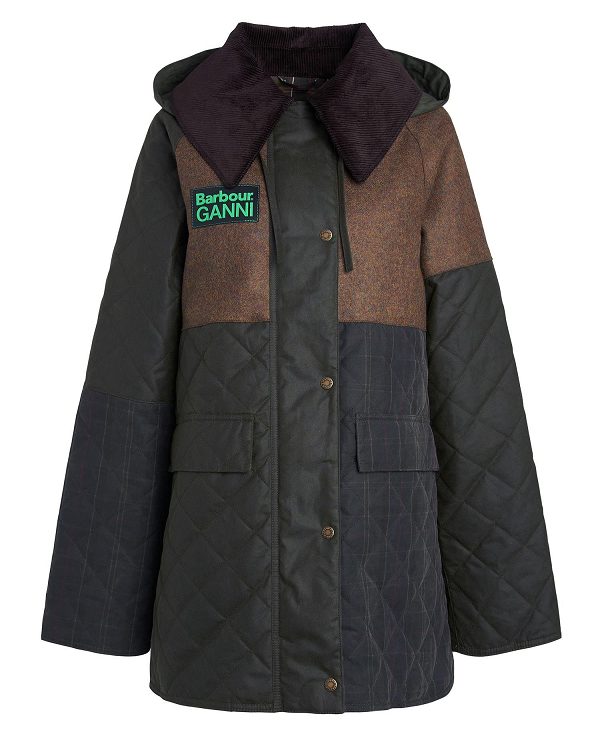 Barbour Barbour X Ganni Short Burghley Quilted Wax Jacket Archive Olive/Tan/Olive | BABO89183