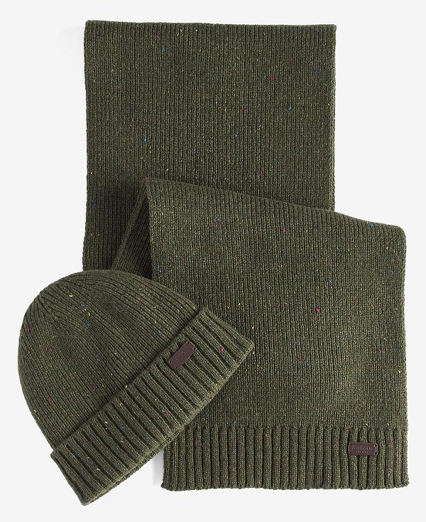 Barbour Carlton Fleck Beanie & Scarf Gift Set Olive | BABO89110