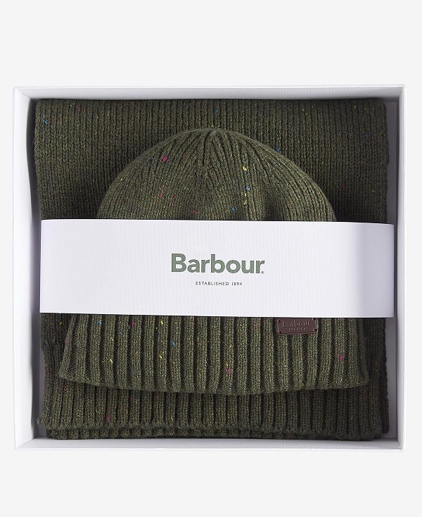 Barbour Carlton Fleck Beanie & Scarf Gift Set Olive | BABO89110