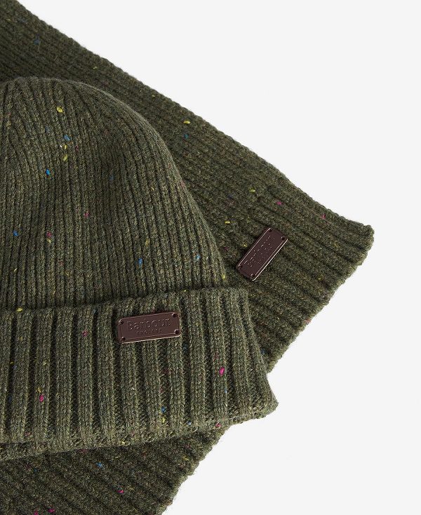 Barbour Carlton Fleck Beanie & Scarf Gift Set Olive | BABO89110