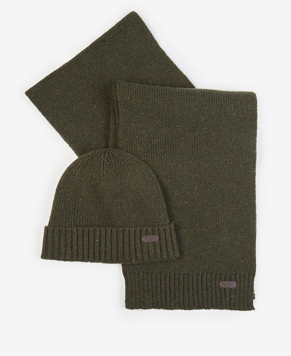 Barbour Carlton Fleck Beanie & Scarf Gift Set Olive | BABO89110