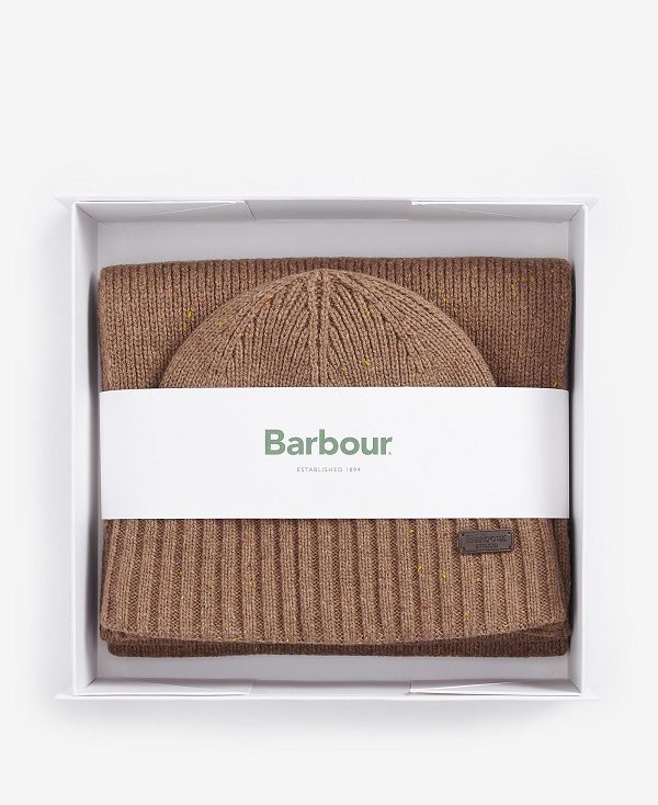 Barbour Carlton Fleck Beanie & Scarf Gift Set Beige | BABO89112