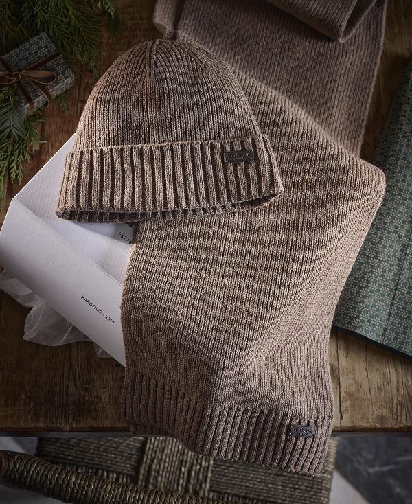 Barbour Carlton Fleck Beanie & Scarf Gift Set Beige | BABO89112