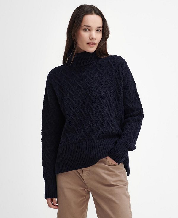 Barbour Clarence Cable-knit Roll-neck Jumper Navy | BABO89721