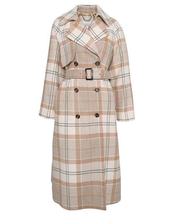 Barbour Claudette Tartan Wool Trench Coat Winter White Tartan/Hessian | BABO89386