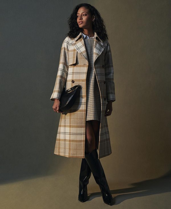 Barbour Claudette Tartan Wool Trench Coat Winter White Tartan/Hessian | BABO89386