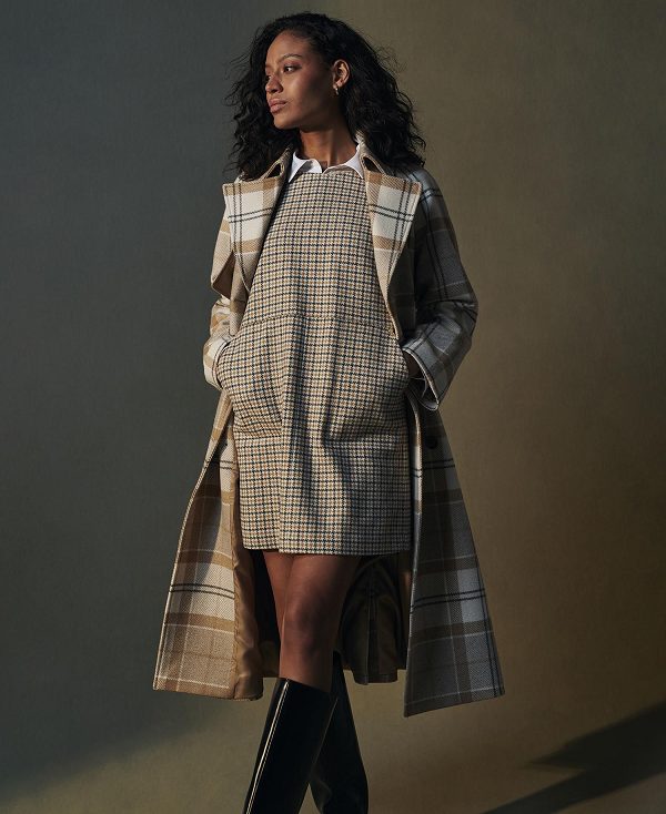 Barbour Claudette Tartan Wool Trench Coat Winter White Tartan/Hessian | BABO89386