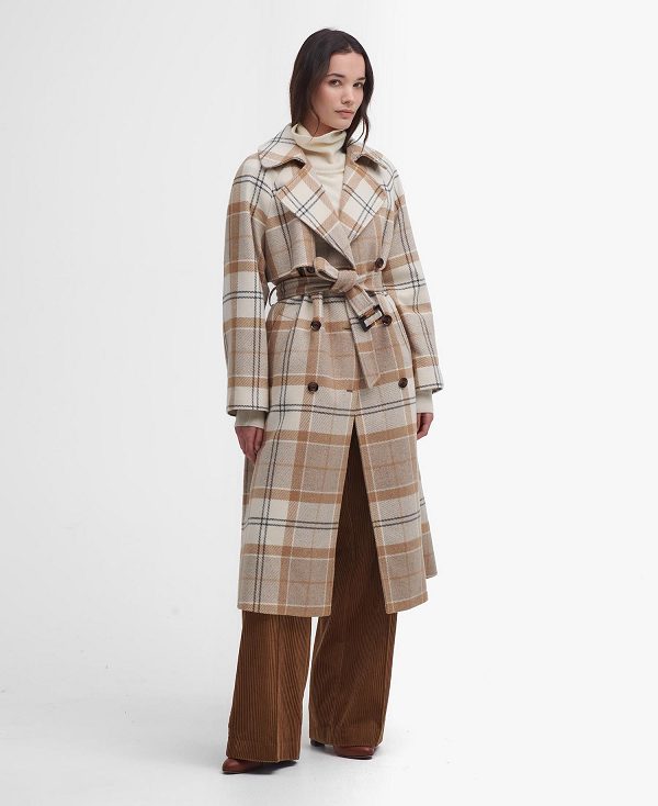 Barbour Claudette Tartan Wool Trench Coat Winter White Tartan/Hessian | BABO89386