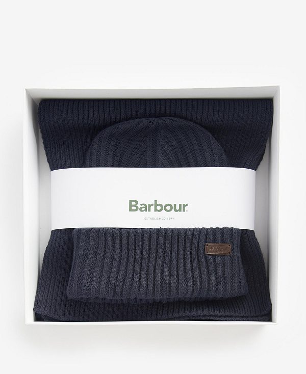 Barbour Crimdon Beanie & Scarf Gift Set Navy | BABO89118