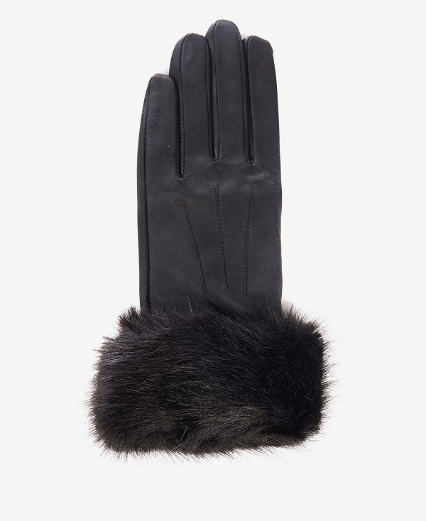 Barbour Faux Fur Trimmed Leather Gloves Dark Caramel | BABO90060