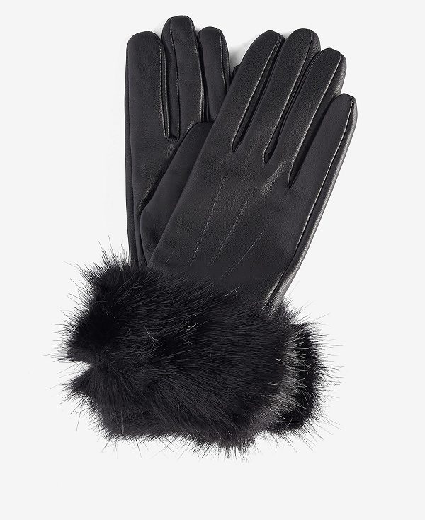 Barbour Faux Fur Trimmed Leather Gloves Dark Caramel | BABO90060