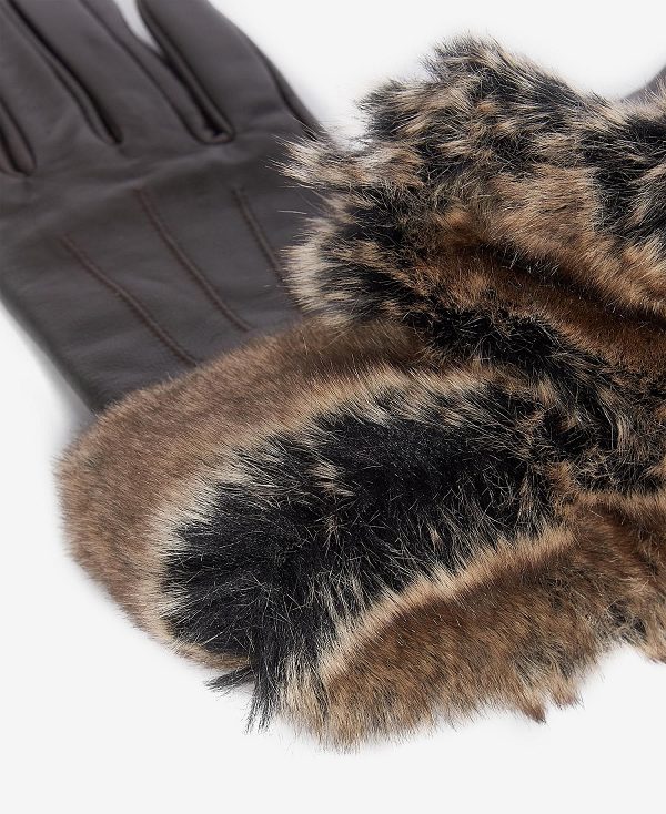 Barbour Faux-fur Trimmed Leather Gloves Dark Caramel | BABO90062