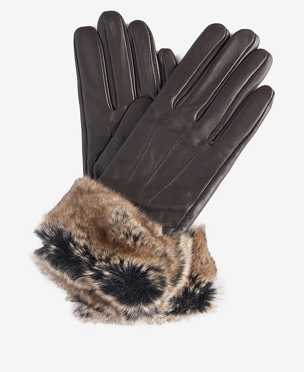 Barbour Faux-fur Trimmed Leather Gloves Dark Caramel | BABO90062