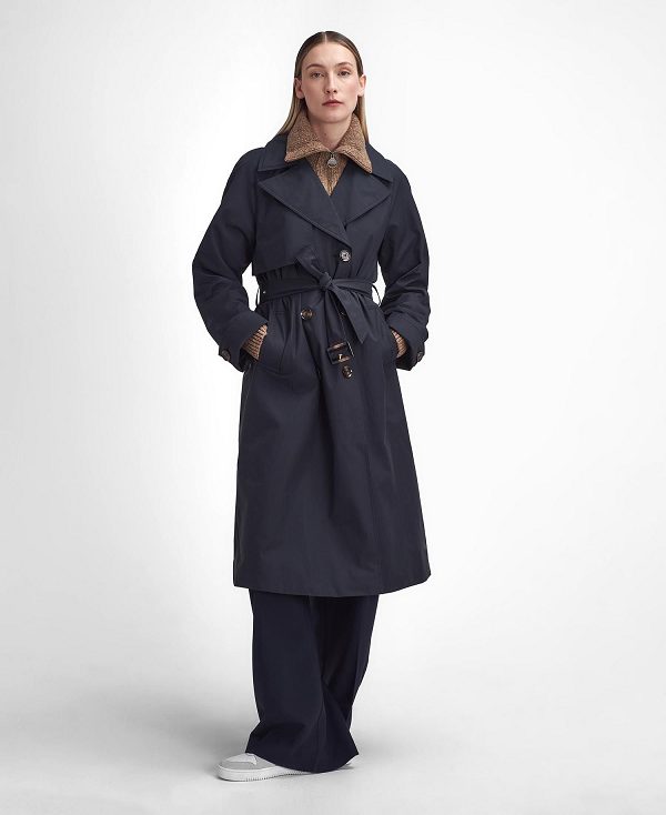 Barbour Gwyn Showerproof Trench Coat Black/Muted Cabernet Tartan | BABO89384