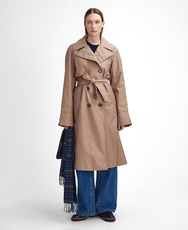 Barbour Gwyn Showerproof Trench Coat Honey/Muted Cabernet Tartan | BABO89382