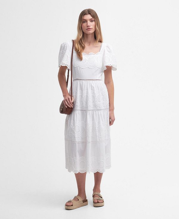 Barbour Joanne Broderie Midi Dress Classic White | BABO89633