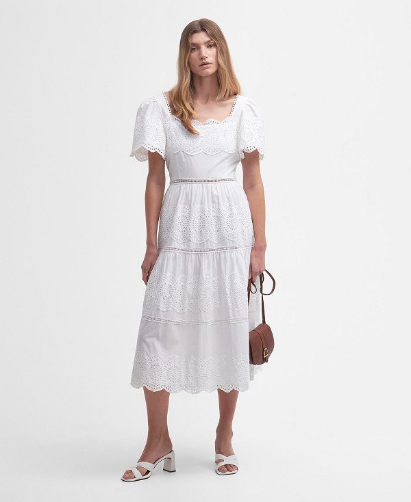 Barbour Joanne Broderie Midi Dress Classic White | BABO89633