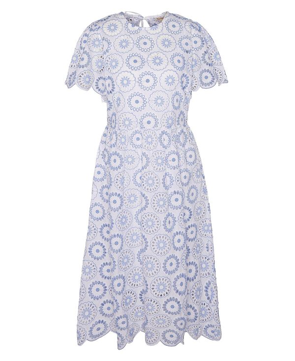 Barbour Juliette Broderie Midi Dress White/Blue Mist | BABO89634