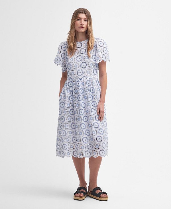 Barbour Juliette Broderie Midi Dress White/Blue Mist | BABO89634