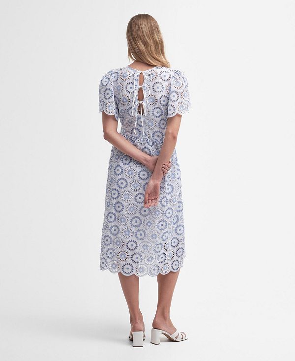 Barbour Juliette Broderie Midi Dress White/Blue Mist | BABO89634