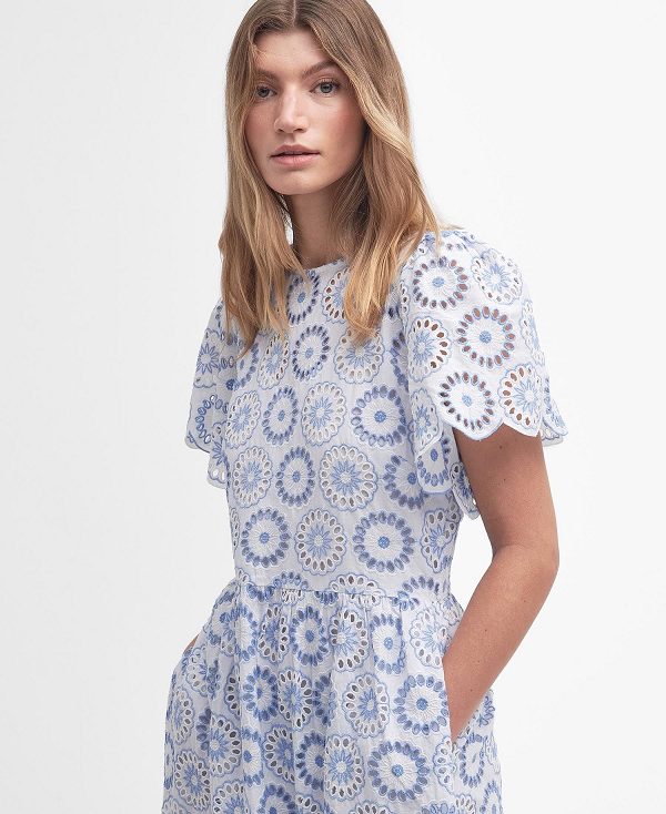 Barbour Juliette Broderie Midi Dress White/Blue Mist | BABO89634