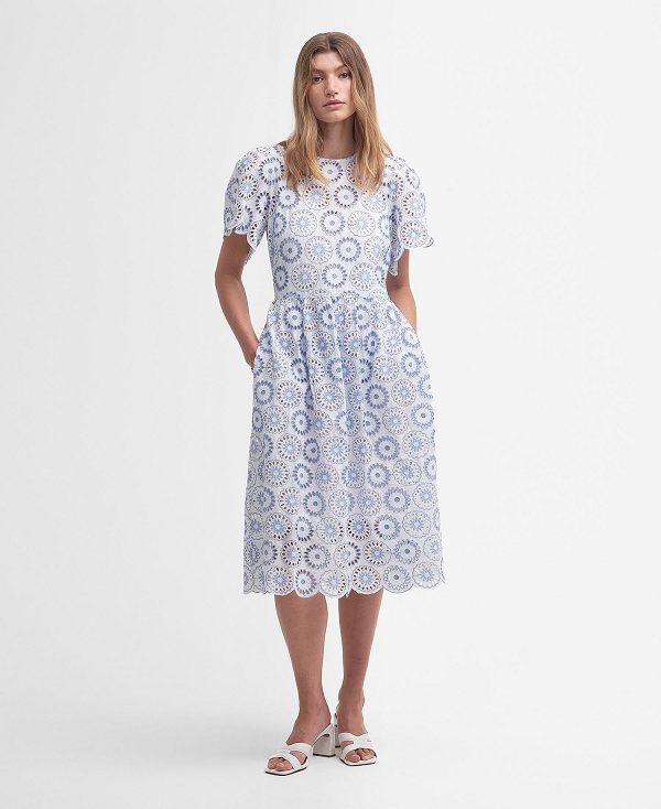 Barbour Juliette Broderie Midi Dress White/Blue Mist | BABO89634