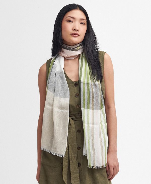 Barbour Kendra Check & Stripe Scarf Bayleaf | BABO90073