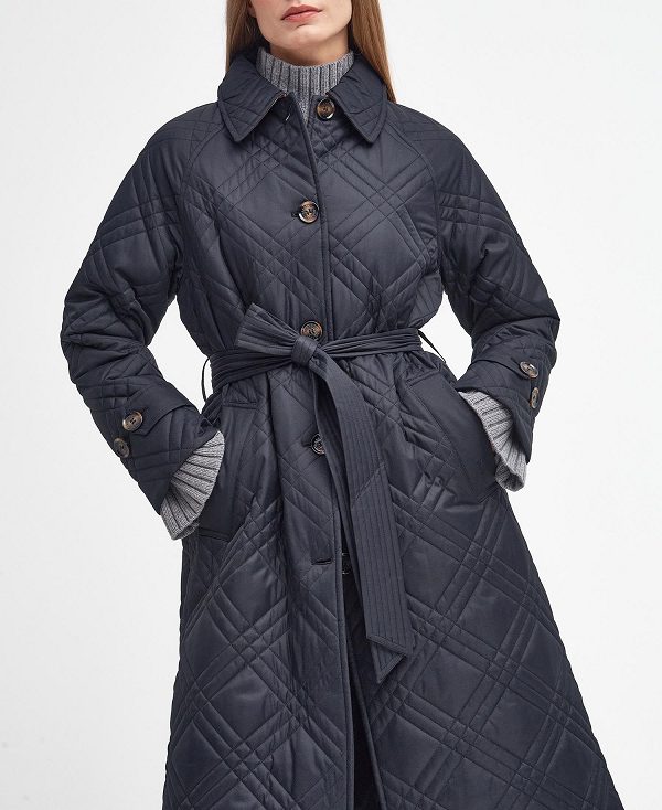 Barbour Mariah Quilted Trench Coat Black/Muted Cabernet Tartan | BABO89343