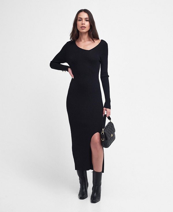 Barbour Piquet Knitted Midi Dress Classic Black | BABO89591