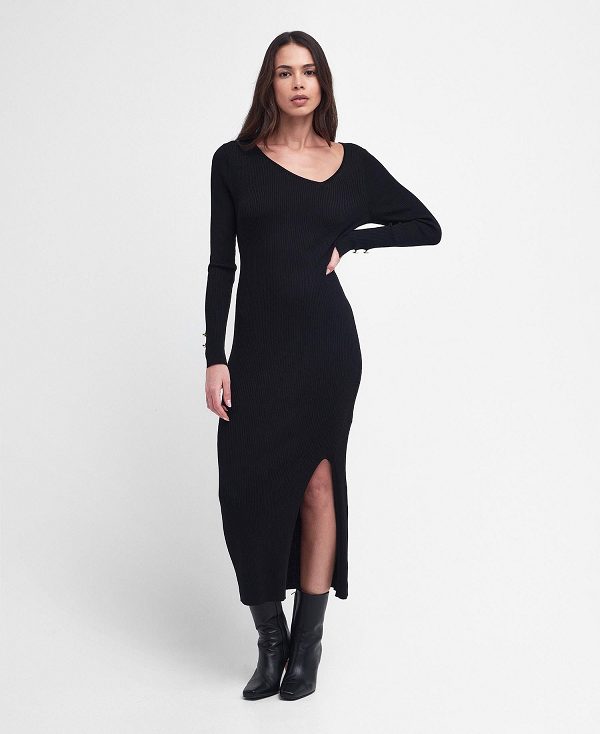 Barbour Piquet Knitted Midi Dress Classic Black | BABO89591