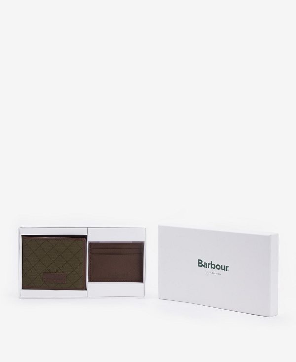 Barbour Quilted Padbury Wallet And Card Holder Gift Set Dark Brown/Olive | BABO89173