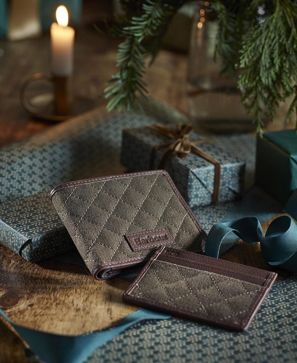 Barbour Quilted Padbury Wallet And Card Holder Gift Set Dark Brown/Olive | BABO89173