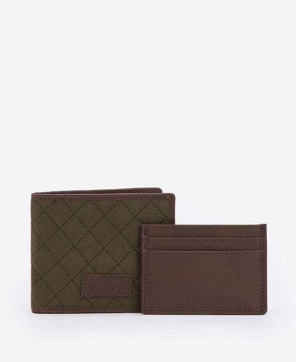 Barbour Quilted Padbury Wallet And Card Holder Gift Set Dark Brown/Olive | BABO89173