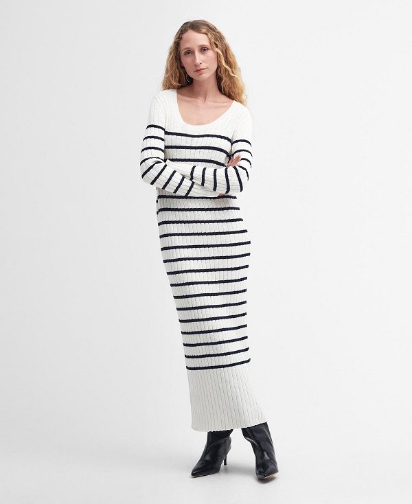 Barbour Raya Striped Midi Dress Ecru | BABO89645