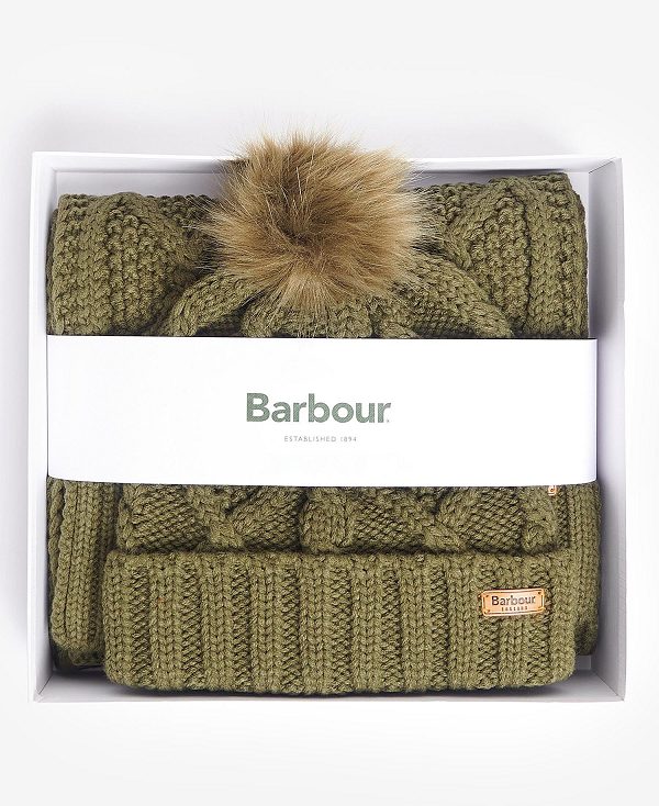 Barbour Ridley Beanie & Scarf Gift Set Olive | BABO90046