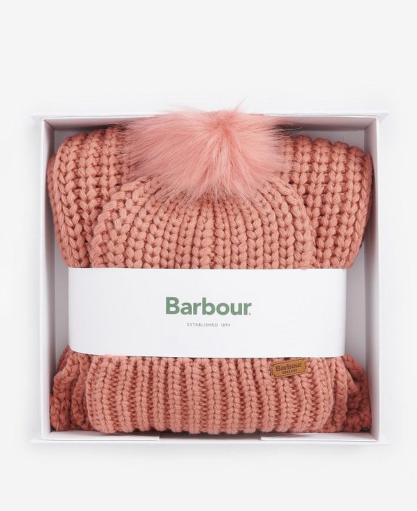 Barbour Saltburn Beanie & Scarf Gift Set Pink Rust | BABO90036