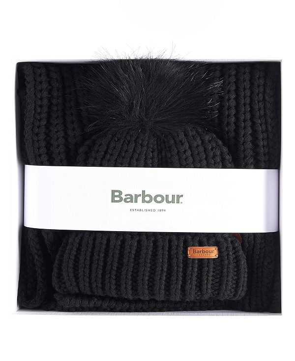 Barbour Saltburn Beanie & Scarf Gift Set Black | BABO90040