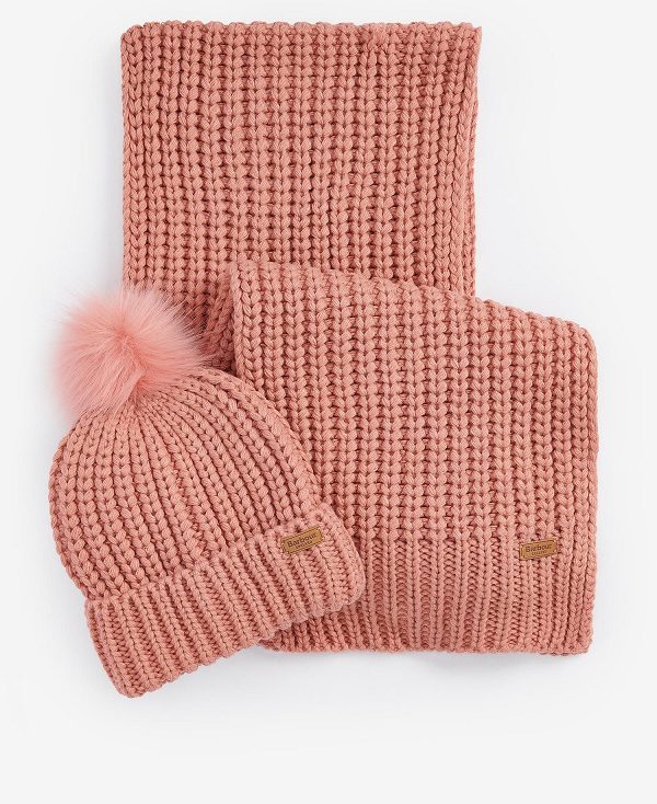 Barbour Saltburn Beanie & Scarf Gift Set Pink Rust | BABO90101