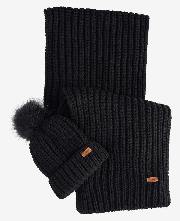 Barbour Saltburn Beanie & Scarf Gift Set Black | BABO90103