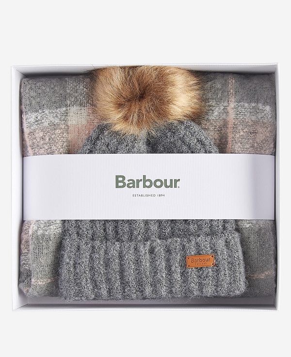 Barbour Saltburn Beanie & Tartan Scarf Gift Set Grey Rose | BABO90023