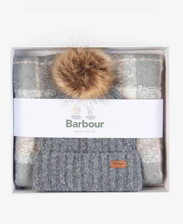 Barbour Saltburn Beanie & Tartan Scarf Gift Set Grey Rose | BABO90023